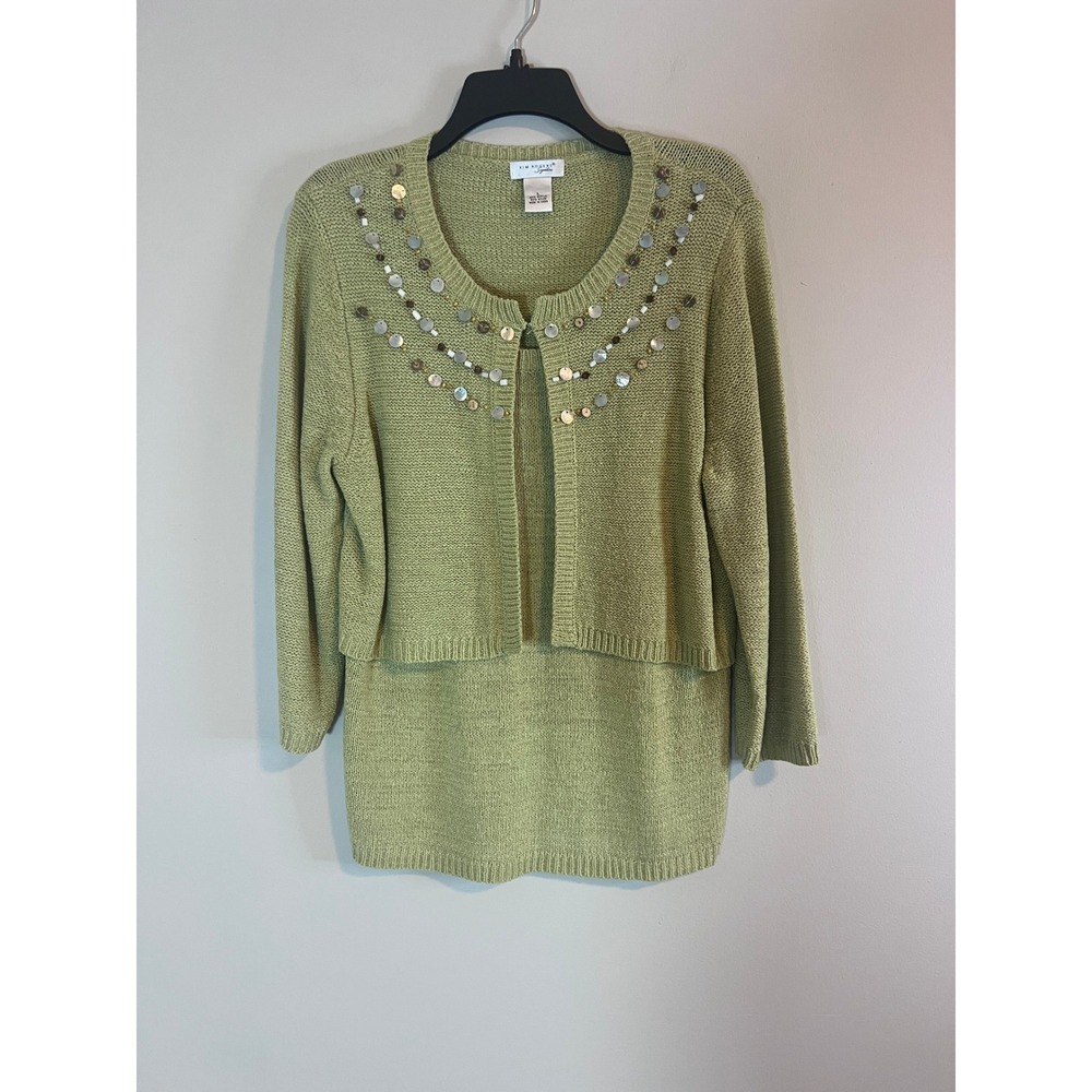Kim Rogers Signature Sage Green Embellished Sweater Twin Set Cardigan Shell L